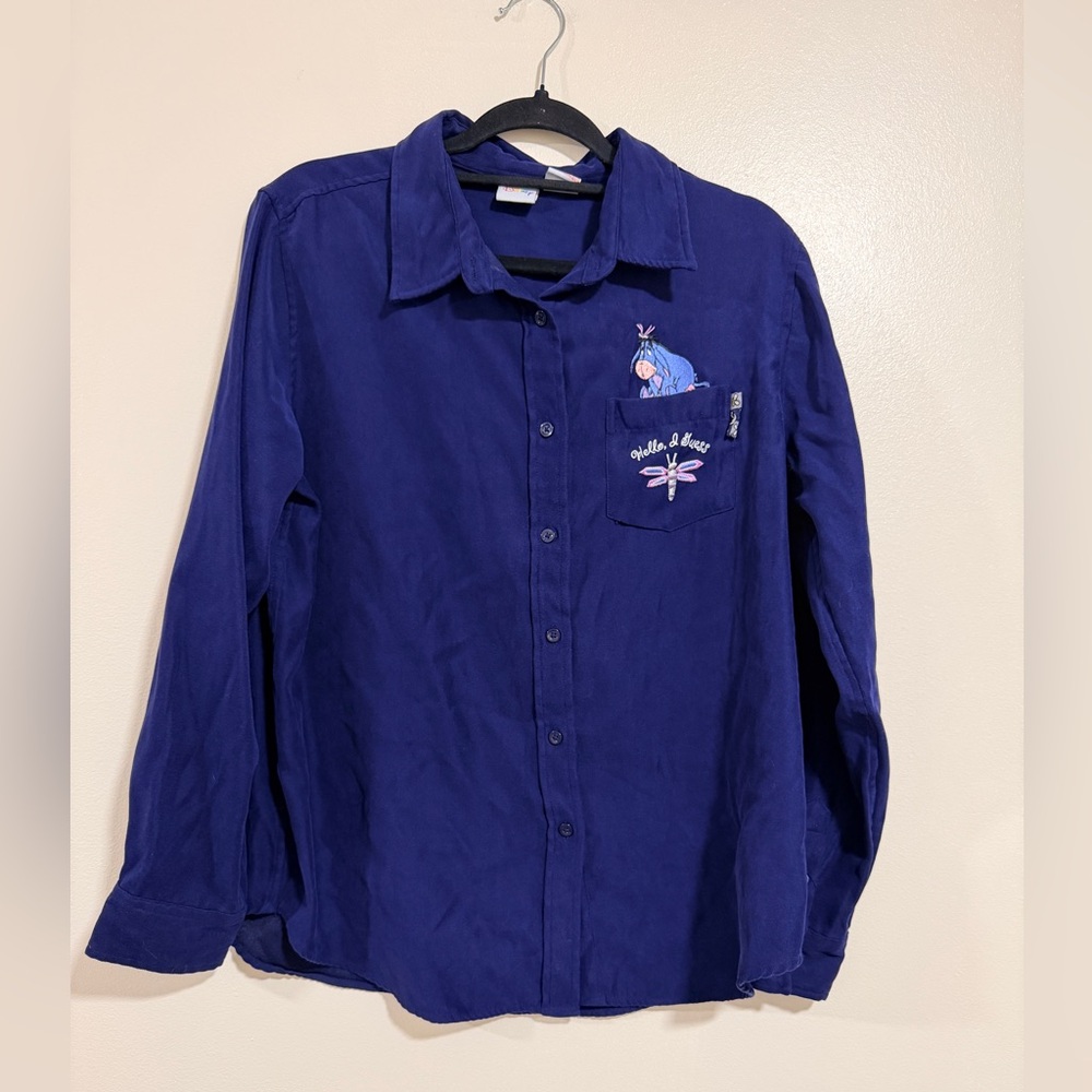 Vintage 90s Disney‎ Eeyore Button-Up Shirt Size L Blue Winnie the Pooh Dark Blue